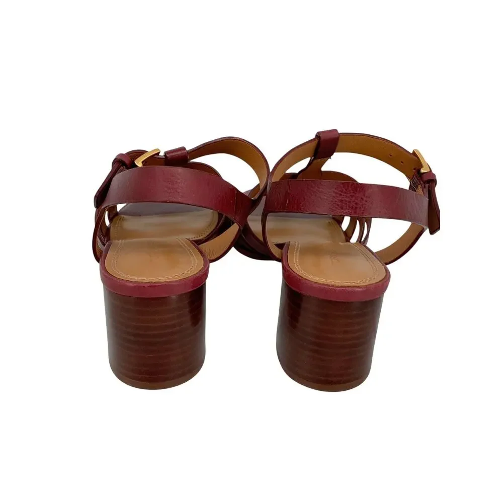 TORY BURCH Leather Fisherman Block Heel Sandals Claret Red Womens US 5.5